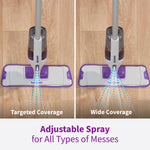 Top-down comparison of Rejuvenate PowerMax mop spraying in targeted and wide coverage modes on a wood floor.