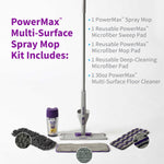 Rejuvenate PowerMax spray mop kit laid out with mop, cleaner bottle and three microfiber pads plus kit contents text.