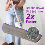 Person using Rejuvenate PowerMax spray mop showing close-up of microfiber pad and callout claiming breaks down dirt 2x faster.