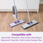 Two Rejuvenate PowerMax mop heads displayed on a wood floor showing compatibility with spray mop and sweeper