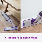 Two photos of Rejuvenate PowerMax mop cleaning under furniture and along baseboard, highlighting hard-to-reach areas.