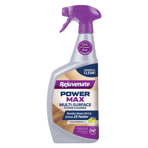 Spray bottle of Rejuvenate PowerMax multi-surface floor cleaner with purple trigger and product label visible