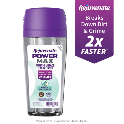 Clear refill cartridge bottle with purple cap labeled Rejuvenate PowerMax multi-surface floor cleaner