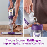 Hands refilling a Rejuvenate PowerMax mop cartridge and pouring refill solution into the included bottle.