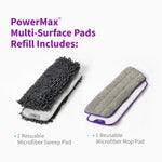 Two Rejuvenate PowerMax refill pads laid flat showing a chenille sweep pad and a microfiber mop pad with labels