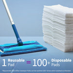 Rejuvenate mop head beside a tall stack of white disposable pads illustrating a reusable-versus-disposable comparison.