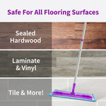 Rejuvenate mop head on a floor with panels showing sealed hardwood, laminate & vinyl, and tile compatibility.