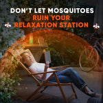 Woman reclining in a lawn chair reading with an orange protective arc and OFF! fogger bottle graphic and headline about mosquitoes.