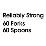 Black text on white background reading ‘Reliably Strong 60 Forks 60 Spoons’ as a product feature graphic