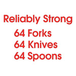 White background graphic text in red reading 'Reliably Strong' followed by '64 Forks 64 Knives 64 Spoons'