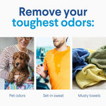 Infographic panel showing three images labeled pet odors, set-in sweat, and musty towels under header 'Remove your toughest odors'