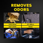 Four-panel graphic showing food, a trunk with pet hair, a gym bag and a cigarette as odors the product removes.