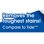 Blue infographic panel reading Removes the toughest stains! Compare to Tide® against a white background