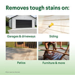 Graphic grid showing four photos of garage, siding, patio and furniture with heading 'Removes tough stains on:'