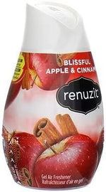 Front-facing Renuzit Blissful Apple & Cinnamon gel cone air freshener with prominent logo and fruit graphics