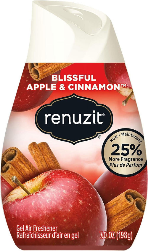 Renuzit Blissful Apple & Cinnamon gel air freshener package front with apples, cinnamon sticks and brand logo.