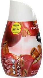 Renuzit Blissful Apple & Cinnamon gel air freshener cone showing partial label and usage icons
