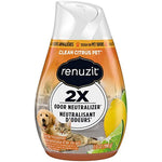Renuzit Clean Citrus Pet gel air freshener bottle showing 2X odor neutralizer badge and lemon graphics