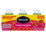 Boxed three-pack of Renuzit Forever Raspberry gel air fresheners in branded yellow and pink packaging with raspberry graphics