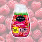 Single Renuzit Forever Raspberry gel air freshener bottle with raspberry background and label showing nonstop freshness and multi-room usage