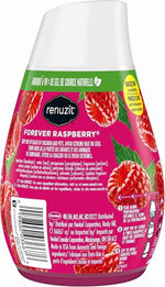 Rear view of Renuzit Forever Raspberry gel air freshener showing ingredients, instructions and barcode on pink raspberry label