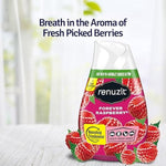 Renuzit Forever Raspberry air freshener on a light background with raspberries and tagline 'Breath in the Aroma of Fresh Picked Berries'