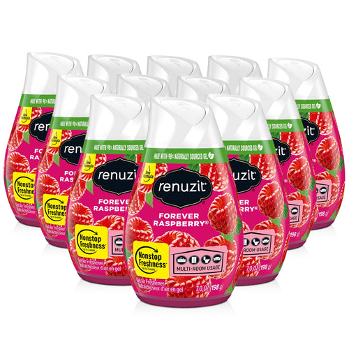 Group of multiple Renuzit Forever Raspberry solid gel air freshener bottles with raspberry graphics