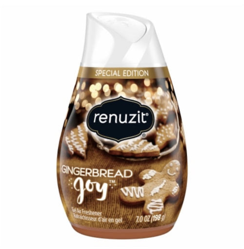 Renuzit Special Edition Gingerbread Joy adjustable gel air freshener in decorated brown packaging with gingerbread cookies and festive lights.