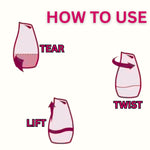 Instruction graphic showing three simple illustrated steps - tear, twist, lift - for using the Renuzit gel air freshener