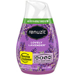 Close-up of a single Renuzit Lovely Lavender gel air freshener container with lavender graphics and brand logo