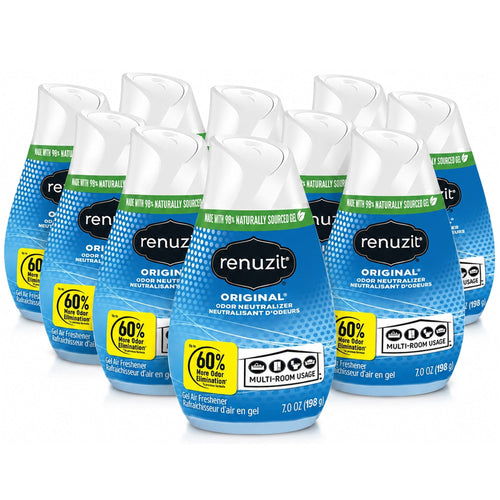 Group of blue Renuzit Original gel air freshener cones arranged together on white background showing front labels