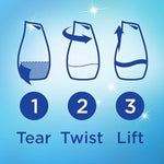 Three-step illustrated instructions showing tear, twist, lift actions to open the Renuzit gel air freshener