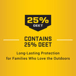 Yellow panel graphic with a shield icon and bold text stating the product contains 25% DEET and offers long-lasting protection.