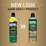 Comparison graphic showing Repel Camp Fogger old yellow-green can on left and new green-tan can on right with text 'NEW LOOK'