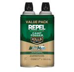 Two-pack value-pack of Repel Camp Fogger aerosol cans with green and tan packaging, front labels visible