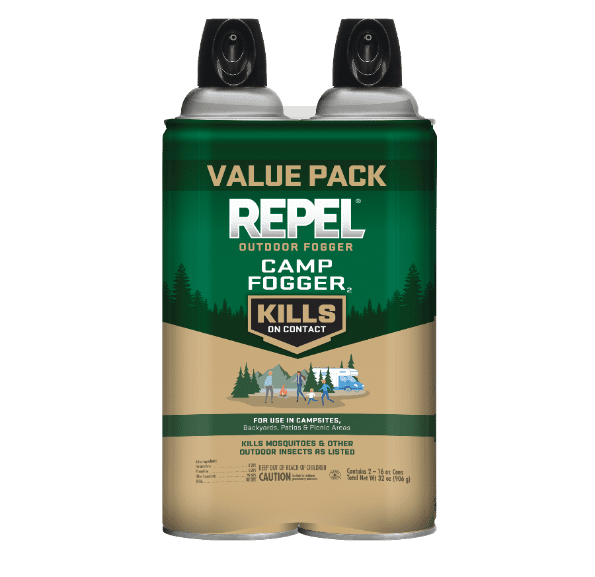 Two-pack value-pack of Repel Camp Fogger aerosol cans with green and tan packaging, front labels visible