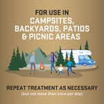 Graphic showing campsite scene with RV, family figures and text 'For use in campsites, backyards, patios & picnic areas'