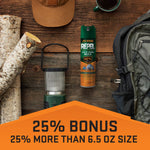 Flat-lay scene with a Repel Sportsmen Max aerosol can among outdoor gear on a wood surface and an orange banner advertising 25% bonus