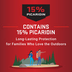Red panel graphic stating contains 15% Picaridin with small hiking illustration and messaging about long-lasting outdoor protection