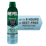 Repel Family aerosol can with green cap and label, callout reading up to 8 hours of DEET-free protection