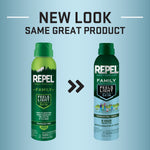 Two Repel Family insect repellent cans showing old and new package designs with text 'new look'
