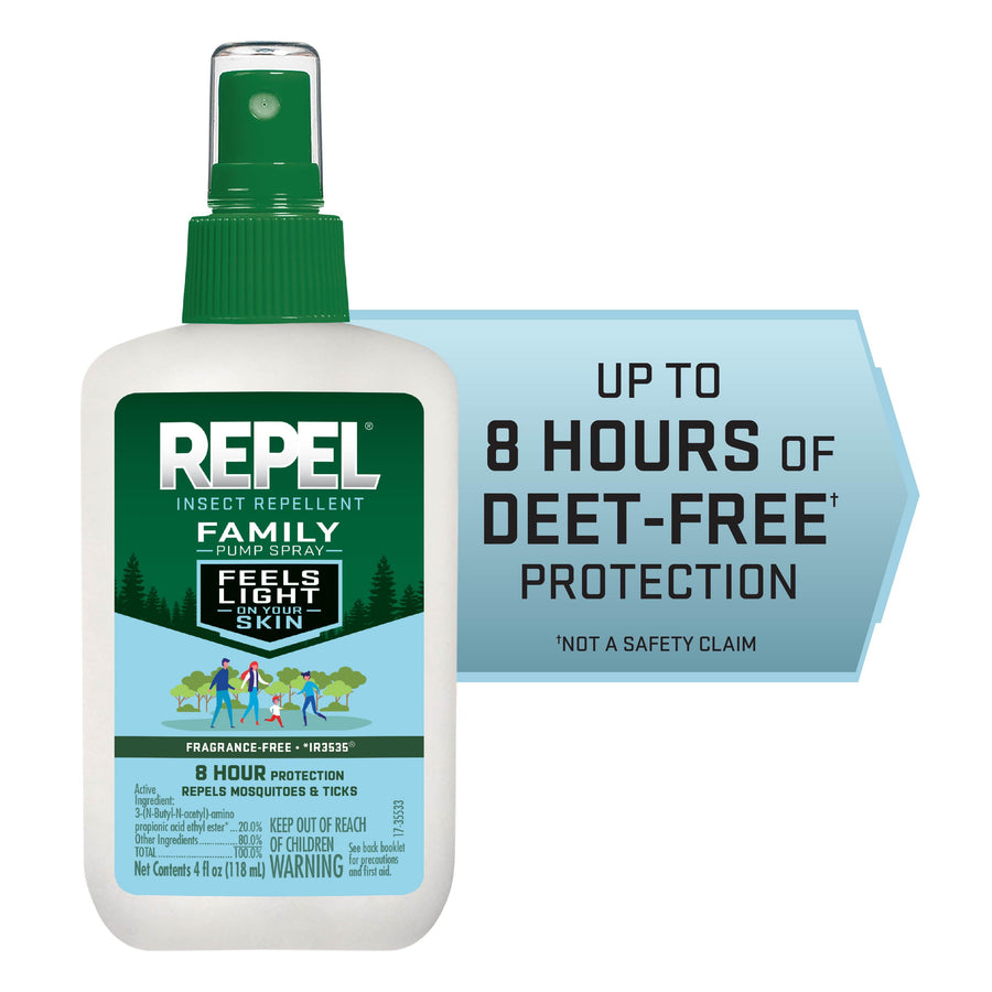 REPel family pump spray bottle with green label and callout reading up to 8 hours of DEET-free protection