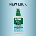 Repel family pump spray bottle on a blue gradient background with text reading new look