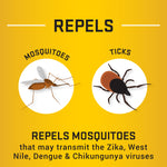 Yellow infographic showing illustrated mosquito and tick with text declaring the product repels mosquitoes and ticks.
