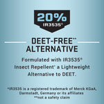 Panel advertising 20% IR3535 and DEET-free alternative with explanatory text about IR3535 formulation