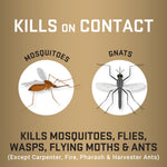 Infographic panel reading 'KILLS ON CONTACT' with illustrations of a mosquito and a gnat and text listing insects killed