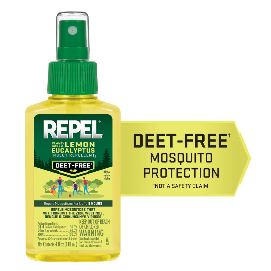 Front-facing bottle of Repel lemon eucalyptus insect repellent spray with DEET-free callout