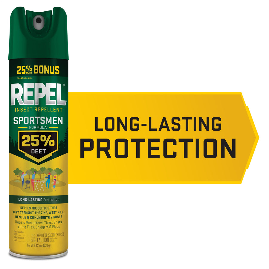 Repel Sportsmen 25% DEET aerosol can at left with large yellow banner reading “Long-Lasting Protection.”