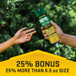 Hand passing a Repel Sportsmen aerosol can to another person with a yellow banner proclaiming “25% BONUS.”