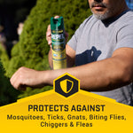 Photo of a person holding a Repel Sportsmen aerosol can, overlaid with a yellow panel stating it protects against mosquitoes, ticks and other pests.